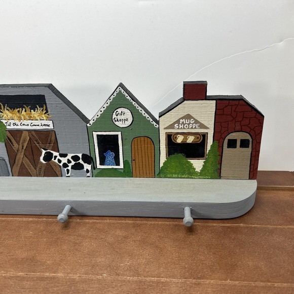 Vintage Handcrafted Wood Country Old Town Village Cow‎ Art Wall Hooks Key Holder - Picture 4 of 6